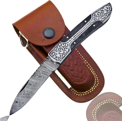 Cuchillo de bolsillo de Damasco para hombre hecho a mano, cuchillo plegable de Damasco de 8 pulgadas con funda y afilador, ideal para caza, Negro