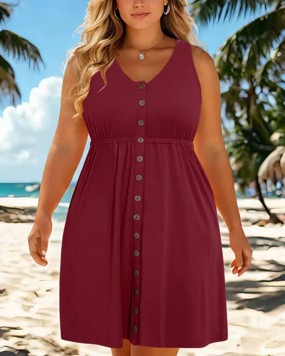Miniatura 2 de Holipick Vestidos de verano para mujer, talla grande, casual, con bolsillos, acampanado, con botones, sin mangas, cuello en V