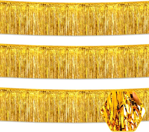 Miniatura 28 de Paquete de 3 guirnaldas largas de flecos metálicos de aluminio negro dorado para colgar en la pared, Día de la Madre, Pascua, flotadores de desfile