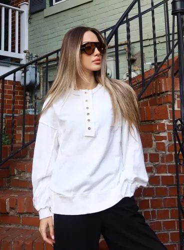 Miniatura 86 de AlvaQ - Sudadera de gran tamaño para mujer, informal, de manga larga, con botones y cuello Henley, tipo túnica