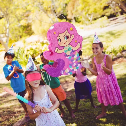 Miniatura 6 de WERNNSAI - Piñata de sirena con bate y venda para los ojos, juegos de fiesta de cumpleaños para niñas, aniversario, celebración, actividades
