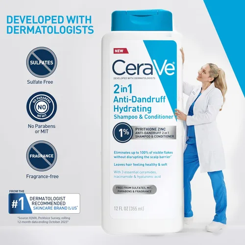 Miniatura 7 de CeraVe Champú y acondicionador hidratante 2 en 1 contra la caspa, paquete doble, tratamiento de caspa de piritiona de zinc al 1% ayuda a eliminar