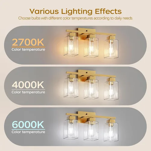 Miniatura 6 de PARTPHONER Lámparas de baño de 3 luces, luces de tocador modernas de oro cepillado, accesorios de iluminación de baño sobre el espejo, apliques