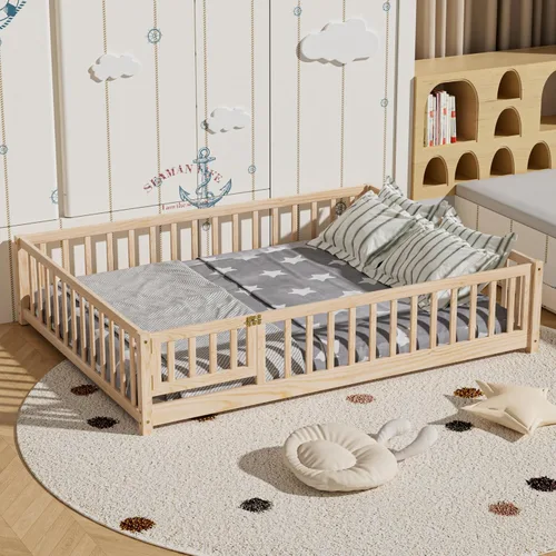 Miniatura 17 de Marco de cama Montessori de madera de tamaño individual con listones de madera, valla y puerta para niños, niñas y niños, espresso