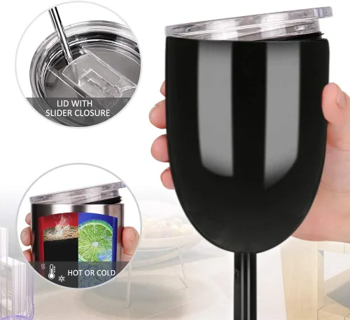 Miniatura 3 de AMZUShome Copas de vino de acero inoxidable (paquete de 2). Vaso de vino de doble pared aislado al vacío con tapa y pajita. Amistad, Navidad, Negro