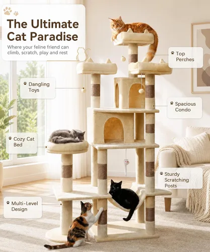 Miniatura 3 de PMT03BW - Árbol para gatos de interior, torre grande de 71 pulgadas con poste rascador y percha superior, hamaca, condominio para gatos adultos