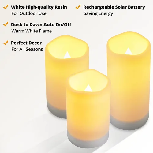 Miniatura 3 de NURADA Velas solares grandes para exteriores, juego de velas recargables impermeables sin llama, resina blanca, luz LED, batería solar recargable