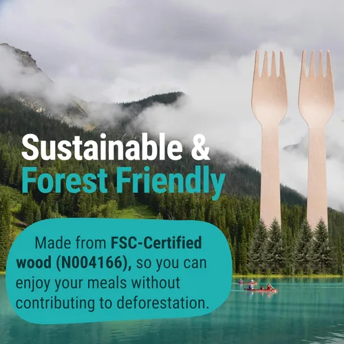 Miniatura 6 de Tenedores de madera desechables para comer, 300 piezas, resistentes y afilados, nuestra madera certificada FSC sin culpa protege los bosques, una