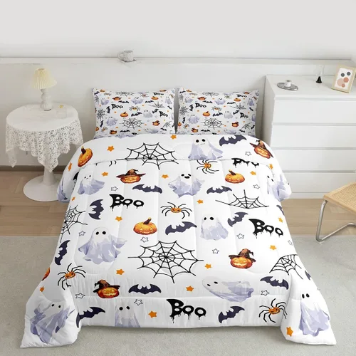 Miniatura 28 de Juego de edredón rosa con temática de Halloween, tamaño individual, edredón de farol de calabaza para adolescentes, juego de ropa de cama de Multi
