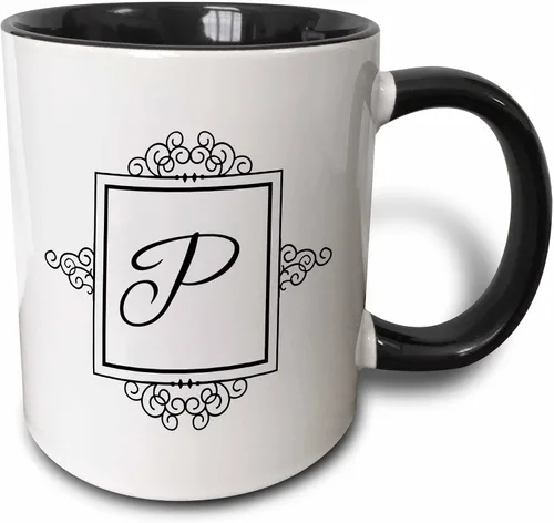 3dRose 3dRose Letra inicial P personal monograma elegante tipografía en blanco y negro elegante personalizado – Taza negra de dos tonos, 11 onzas,