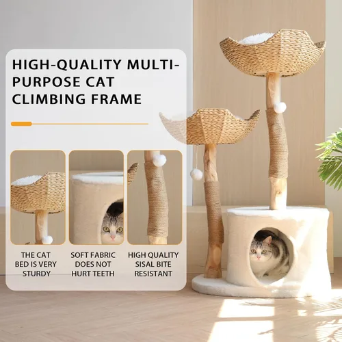 Miniatura 2 de Natural Modern - Torre de árbol para gatos, condominio de madera para gatos con bola colgante, cestas acogedoras, postes rascadores, para gatos