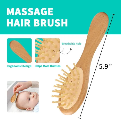Miniatura 5 de Juego de cepillos de pelo de cabra para bebé, peine de madera para masaje, peine de cuero cabelludo, kit de cuidado natural seguro para el cabello
