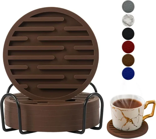 Miniatura 11 de Juego de 6 posavasos de silicona para bebidas con soporte, impermeables, antideslizantes, reutilizables, posavasos duraderos para mesa, bar