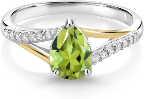 Miniatura 48 de Gem Stone King Anillo de compromiso de plata 925 y oro amarillo de 10 quilates, piedra natal con forma de pera de 0.315 x 0.236 in y diamantes