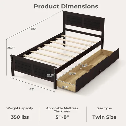 Miniatura 2 de Giantex Cama individual de madera con 2 cajones de almacenamiento, plataforma de madera maciza con cabecero, base de colchón de soporte de listones