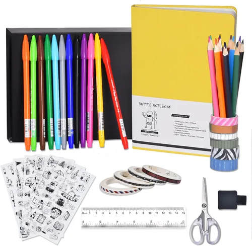 Kit de diario de puntos amarillo de 4.23 oz, juego de 44 cuadernos de tapa dura A5, marcador de línea fina, lápices de colores, cintas Washi, 6