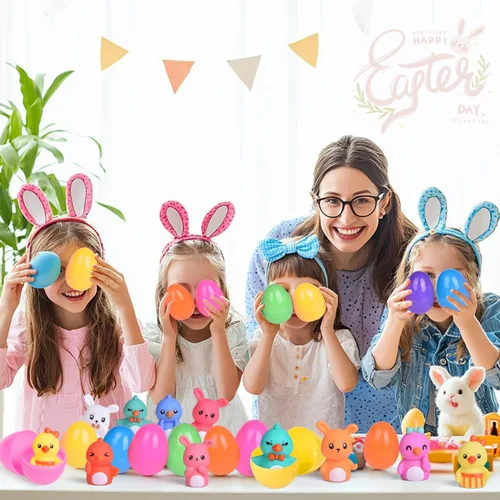 Miniatura 6 de FUN LITTLE TOYS 10 piezas de recuerdos de fiesta de Pascua para niños con marionetas de dedo de pollito, rellenos surtidos de huevos de Pascua