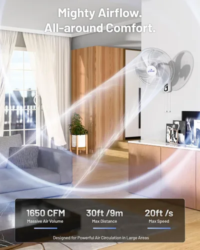 Miniatura 4 de iLiving Ventilador oscilante de montaje en pared con inclinación ajustable, 18 pulgadas, 3 velocidades, rejilla y hoja de metal, oscilación de 90