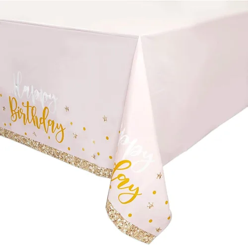 Miniatura 3 de Sparkle and Bash Mantel rectangular de feliz cumpleaños rosa y dorado, mantel de plástico reutilizable y duradero, telón de fondo de fotos