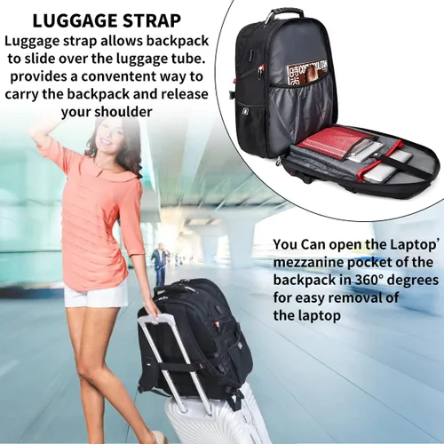 Miniatura 6 de SHRRADOO Mochila de viaje extra grande para laptop de 50L con puerto de carga USB, mochila de universidad y escuela secundaria aprobada por