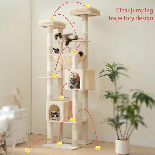 Miniatura 6 de Hey-brother Torre de árbol alto para gatos, postes rascadores resistentes con plataformas grandes, condominios acogedores, hamaca grande, bolas
