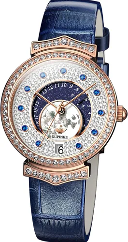 OUPINKE Relojes de pulsera con diamantes para mujer, de lujo, con correa de cuero, color azul y rojo, con correa de piel, analógico de cuarzo