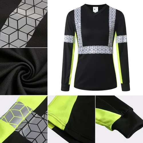 Miniatura 5 de Playera de Seguridad para Mujer, Camiseta Reflectante de Alta Visibilidad para Mujer con Patrón Reflectante Inusual, Manga Corta Transpirable Negro