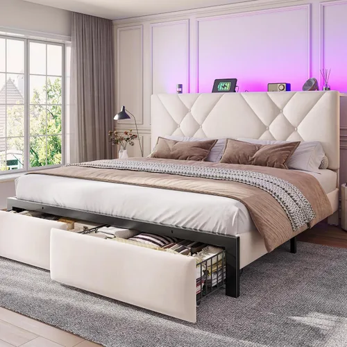 Miniatura 13 de EnHomee Marco de Cama Queen con 2 Cajones, Cabecera Tapizada con Estación de Carga, Marco de Cama de Terciopelo Acolchado y Luces LED, No Necesita