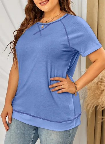 Miniatura 124 de Eytino Blusas de talla grande para mujer, cuello en V, manga corta, a rayas, casual, holgada, con bolsillo (1X-5X)