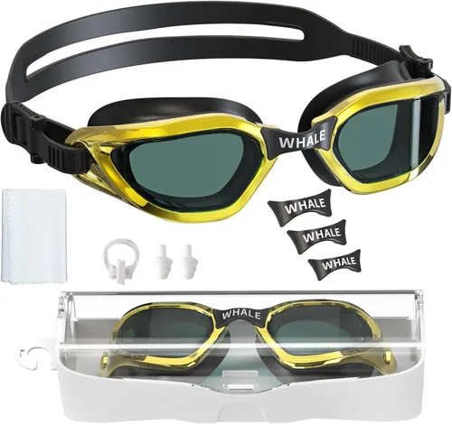 Whale Gafas de natación para niños, 100% protección UV y antivaho - Sello de silicona ultra suave, para edades de 4 a 14 años dorado brillante