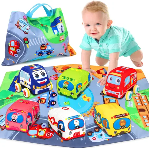 Juguetes para bebés de 6 a 12 meses - Juguetes de autos suaves para niños y niñas de 1 año con bolsa de almacenamiento tipo alfombrilla - Juguetes