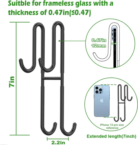 Miniatura 3 de Cerbonny Ganchos para puerta de ducha, paquete de 2 ganchos dobles para toallas de baño, puerta de ducha de vidrio sin marco, colgador de baño