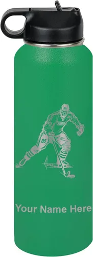Miniatura 59 de LaserGram Botella de agua personalizada, jugador de hockey, acero inoxidable de doble pared aislada al vacío con popote superior, regalo grabado