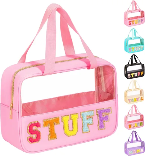 Miniatura 14 de Eurovicky Bolso de Maquillaje Transparente con Letras de Chenilla, Bolsa de Maquillaje de Nailon Preppy con Asa y Cremallera, Bolsa de Viaje