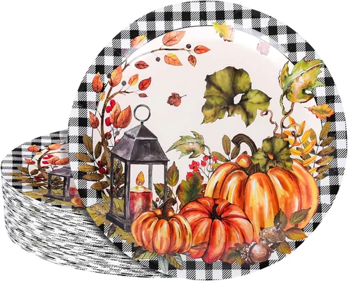 Whaline 40 platos de papel de otoño de 9 pulgadas, platos desechables de acuarela de calabaza a cuadros para granja, Acción de Gracias, boda, fiesta