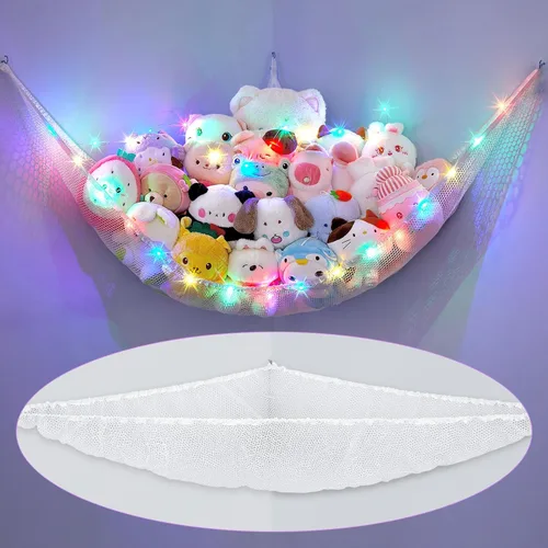 Miniatura 11 de Unicorn Castle Hamaca de red para animales de peluche, almacenamiento de juguetes con luz LED, organizador de juguetes de felpa para colgar