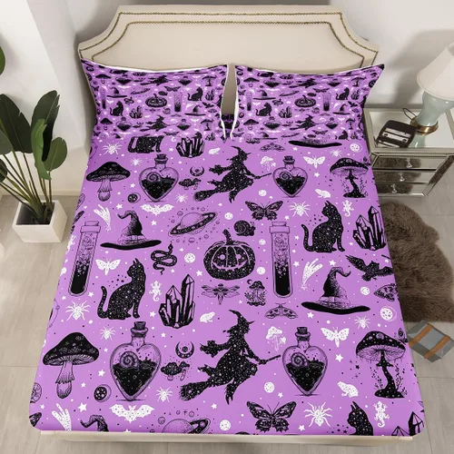 Sábana bajera ajustable de Halloween tamaño individual, sábanas de calabaza y gato para niñas y niños, sombrero de bruja espeluznante morado y