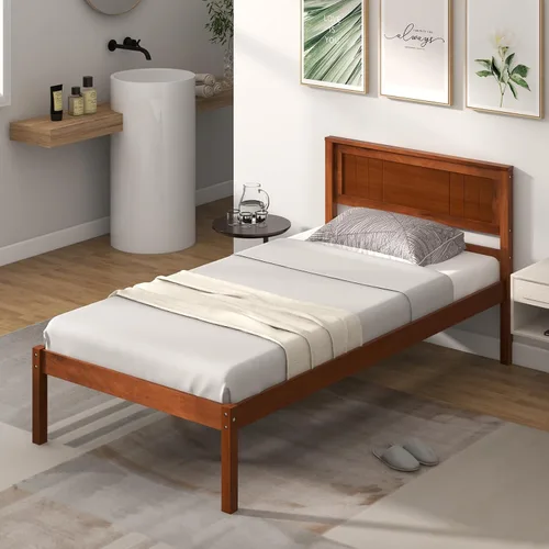 Miniatura 3 de Giantex Base de cama individual con cabecero, cama de plataforma de madera maciza con soporte de listones de madera, cama individual