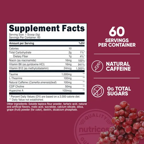 Miniatura 2 de Nutricost Bebida energética en polvo (uva) (60 porciones) – Suplemento preentrenamiento con sabores naturales – Sin OMG, sin gluten