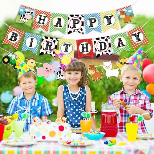 Miniatura 5 de WERNNSAI Cartel de cumpleaños de animales de granja, pancarta de feliz cumpleaños con guirnalda de banderines de tractor para niños y niñas, Azul