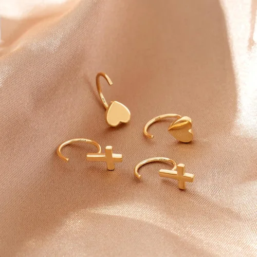 Miniatura 4 de CHIC & ARTSY Aretes de aro de plata de ley 925, pequeños aretes de aro de bola, barra, estrella, luna, corazón, cruz, punto, triángulo, medio aro