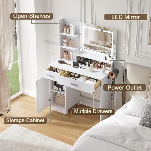 Miniatura 5 de Escritorio de tocador con espejo LED y luces, mesa de tocador de maquillaje con toma de corriente, cajones, armario, tocador con estantes
