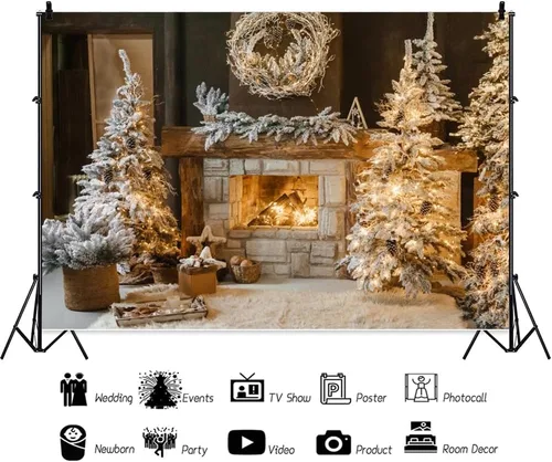 Miniatura 5 de Leowefowa Telón de fondo de fotos de Navidad de 5x3 pies Fondo de guirnalda de chimenea de invierno Chimenea vintage de Navidad Árbol de Navidad