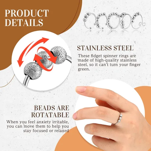 Miniatura 4 de Yinkin 30 anillos para ansiedad para mujeres, de acero inoxidable, ajustable, con cuentas, para hombres y adultos, alivio del estrés (plateado)