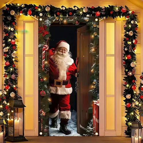 Miniatura 15 de BlissYard Cubierta de puerta de Feliz Navidad de 71 x 35 pulgadas, pancartas para puerta de porche delantero, decoración de invierno, Papá Noel