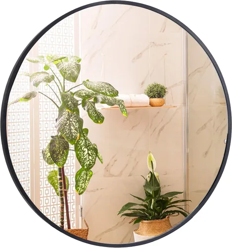 SUPER DEAL Espejo redondo negro, espejo circular de 18 pulgadas para decoración de pared de baño, con marco de metal para baños, entradas, sala de