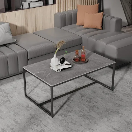 Miniatura 7 de Wisfor Mesa de centro rectangular de piedra sinterizada de mármol con patas de metal para sala de estar, 40 x 24 x 17 pulgadas, gris