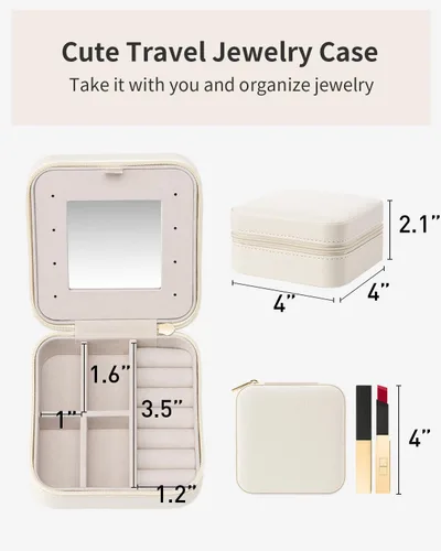 Miniatura 4 de Vlando Pequeño organizador de joyas de viaje, vitrina para niñas, mujeres, regalo anillos, aretes, collares, almacenamiento con espejo, color blanco