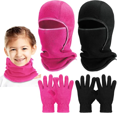 Juego de 4 pasamontañas para niños, máscara de esquí y guantes de forro polar, gorro de invierno, máscara facial cálida para niños y niñas de 8 a 12