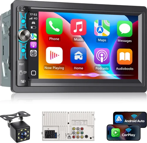 Miniatura 9 de Estéreo de auto de doble DIN de 7 pulgadas, Apple Carplay inalámbrico y Android Auto, pantalla táctil HD, Bluetooth, 240W, SWC, salida de subwoofer